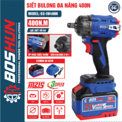 Máy Siết Bulong Pin BOSHUN BS-IW400N, Lực siết 400Nm, Không Chổi Than, Đầu Bulong 2 in 1, Động Cơ Đồng